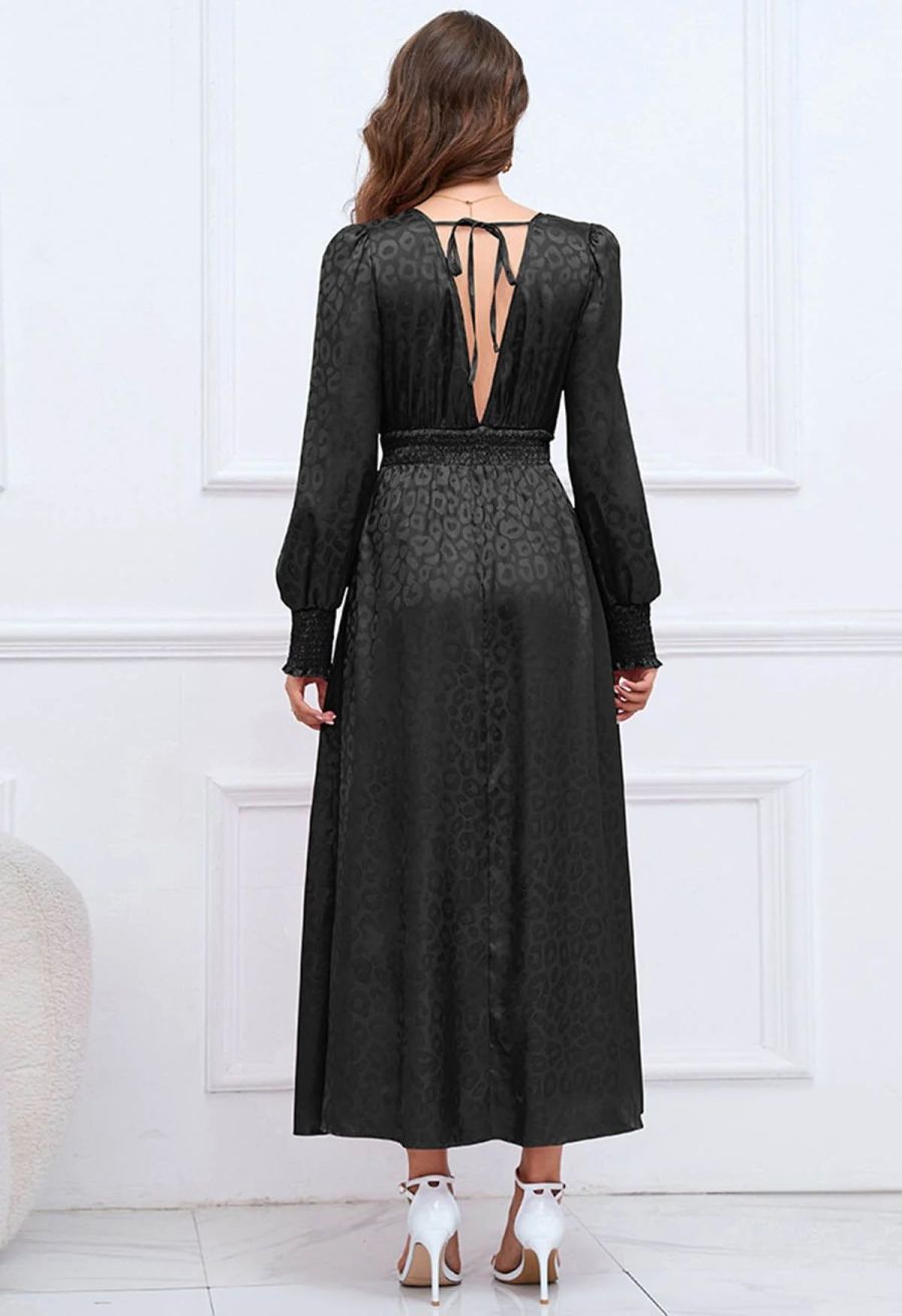 Glossy Leopard Jacquard Ruffle Maxi Dress in Black