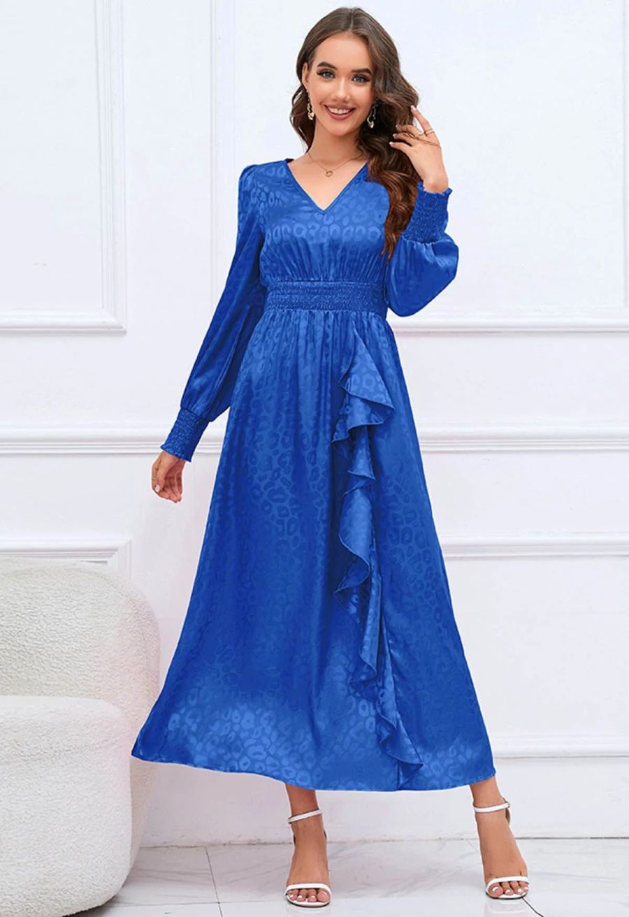 Glossy Leopard Jacquard Ruffle Maxi Dress in Indigo