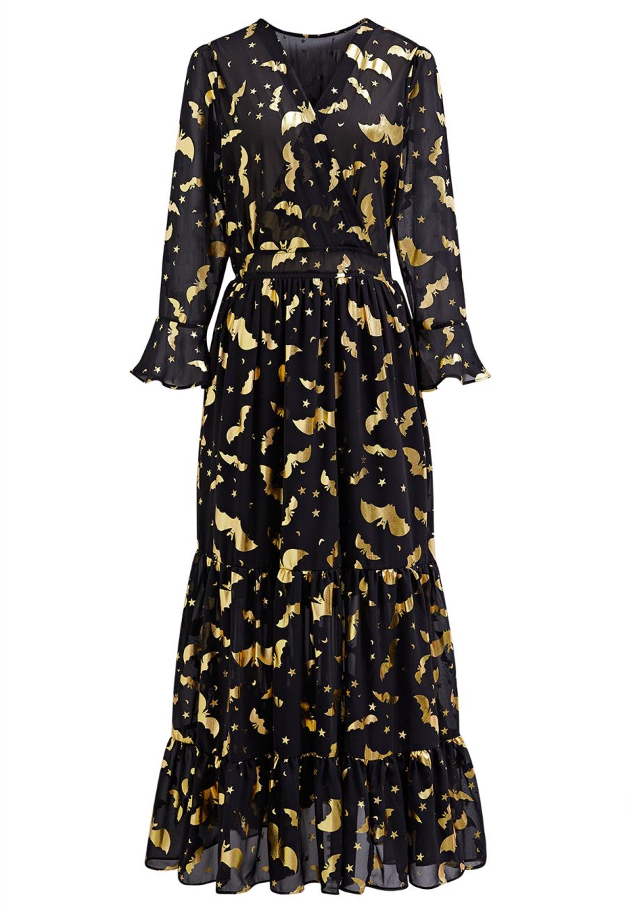 Metallic Gold Bats Chiffon Maxi Dress Halloween Costumes