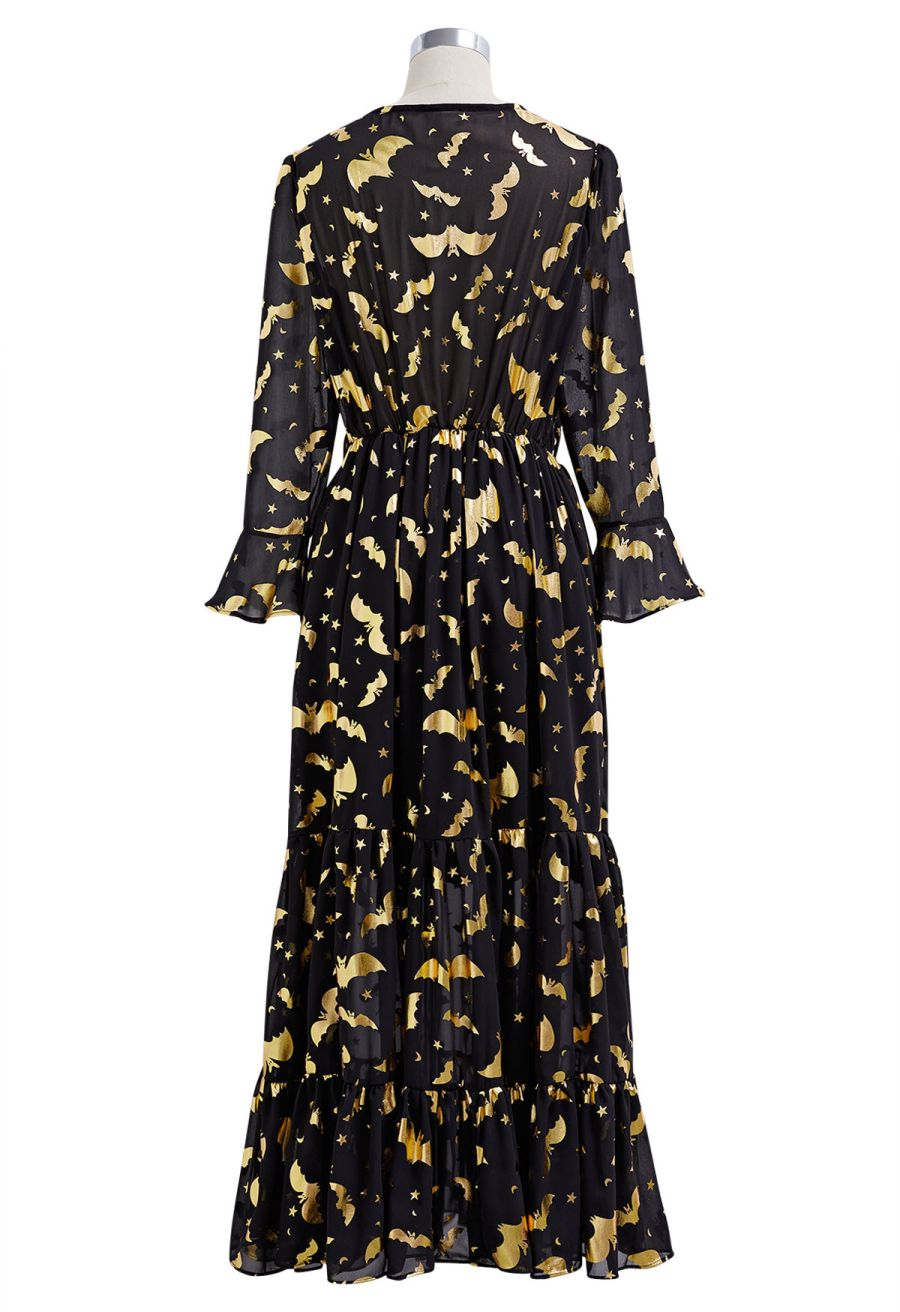 Metallic Gold Bats Chiffon Maxi Dress Halloween Costumes