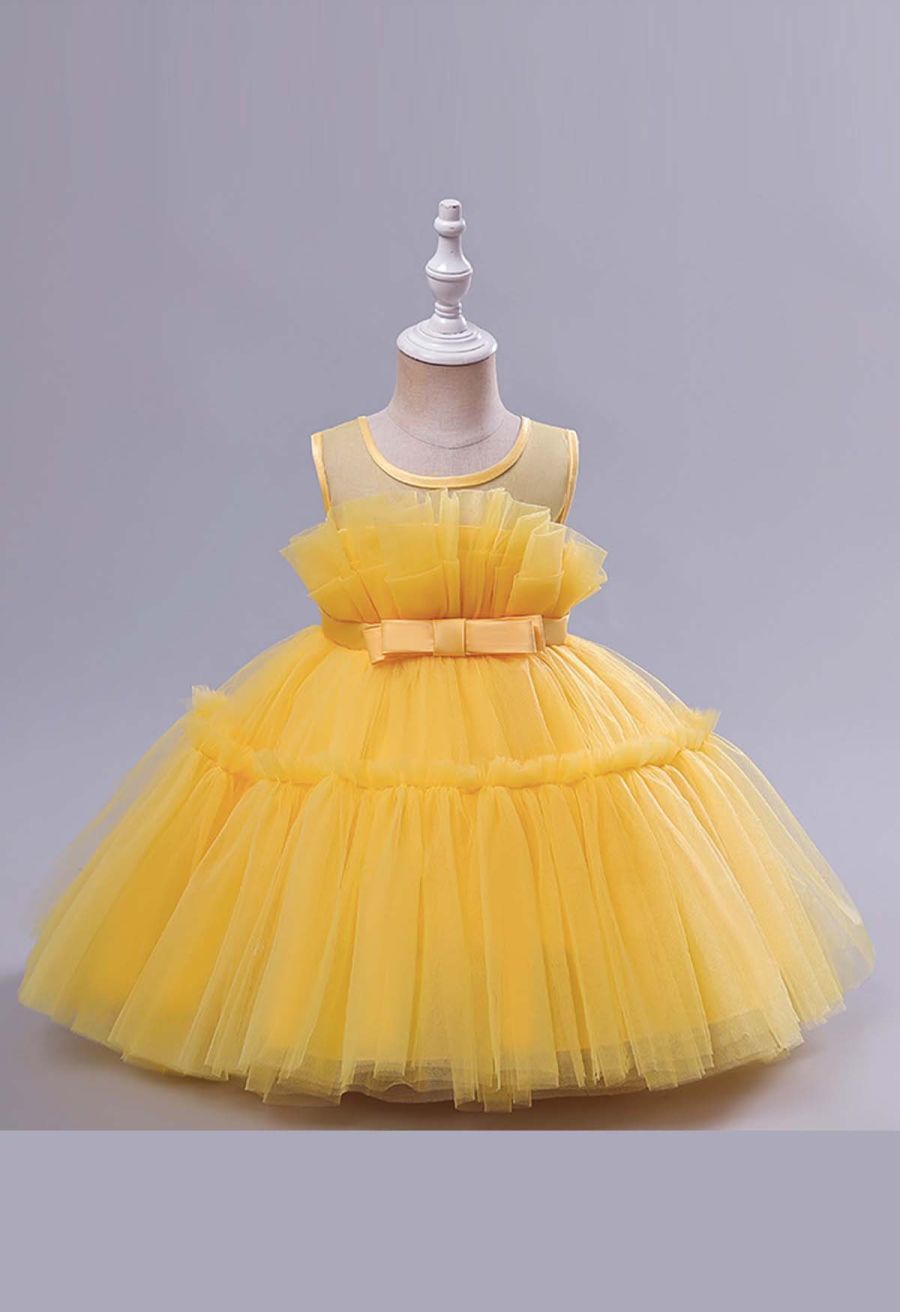 Bowknot Waist Tulle Dress in Yellow for Kids