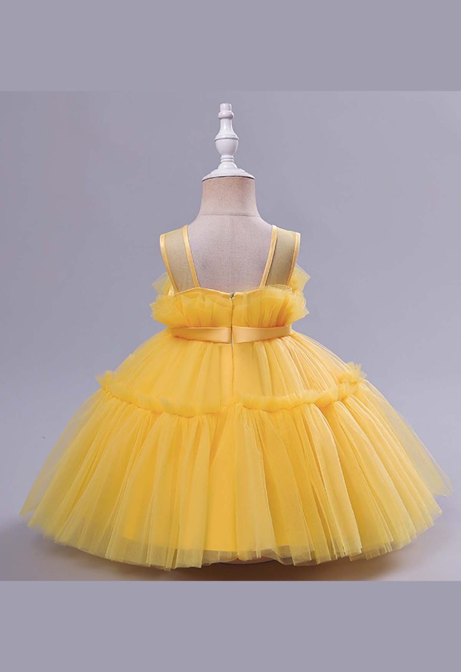 Bowknot Waist Tulle Dress in Yellow for Kids