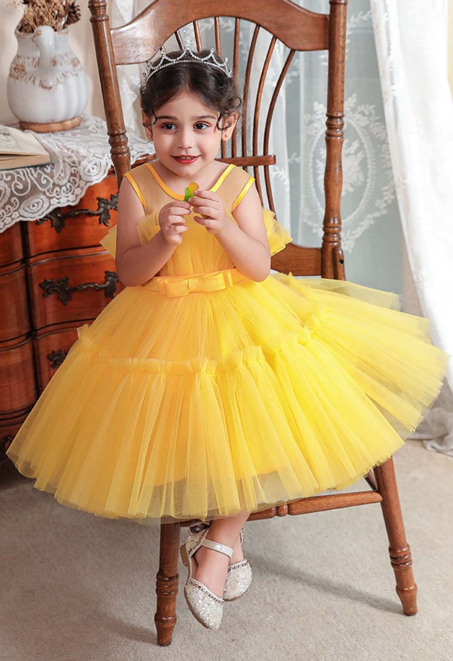 Bowknot Waist Tulle Dress in Yellow for Kids