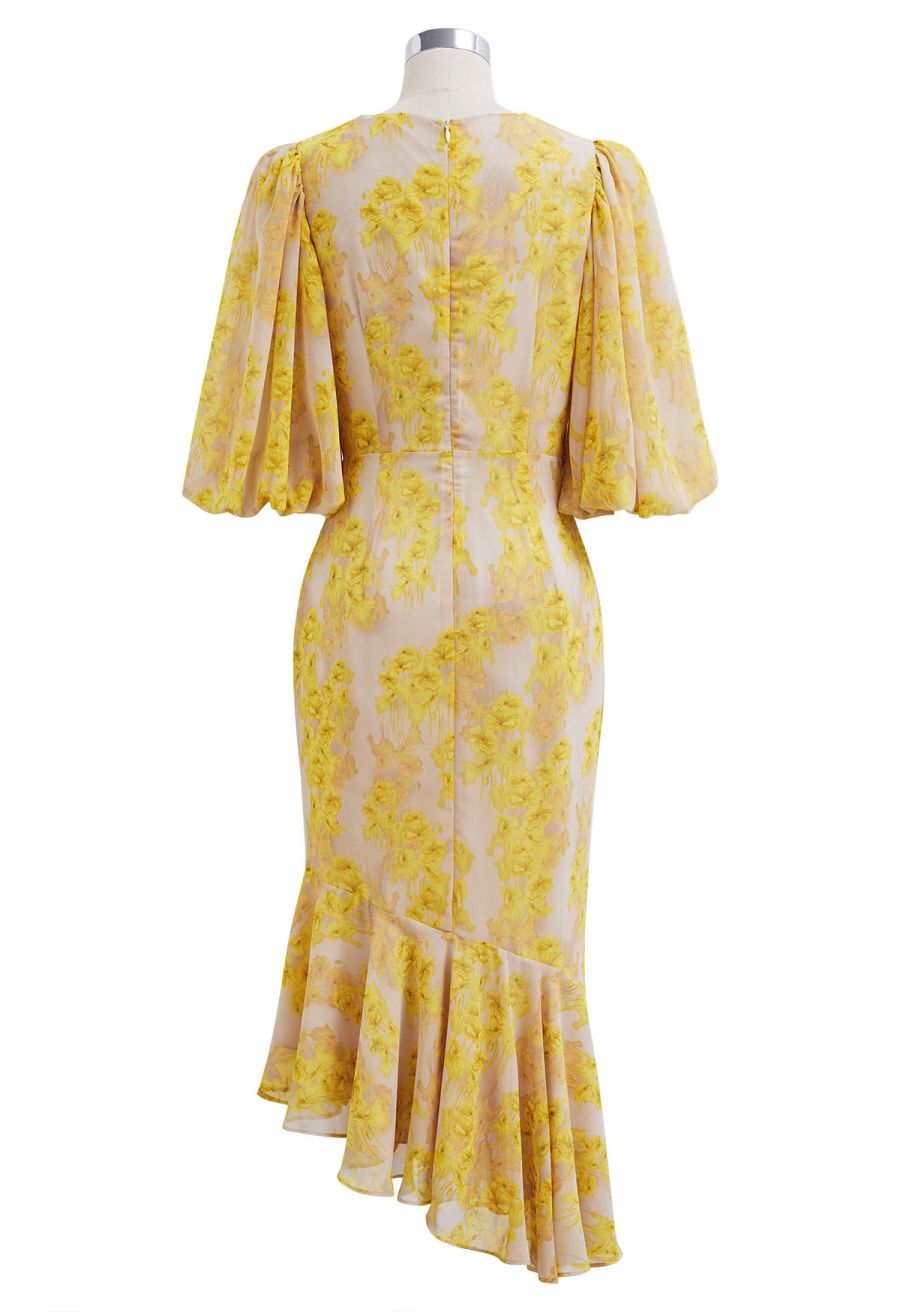 Yellow Blossom Drawstring Asymmetric Ruffle Midi Dress