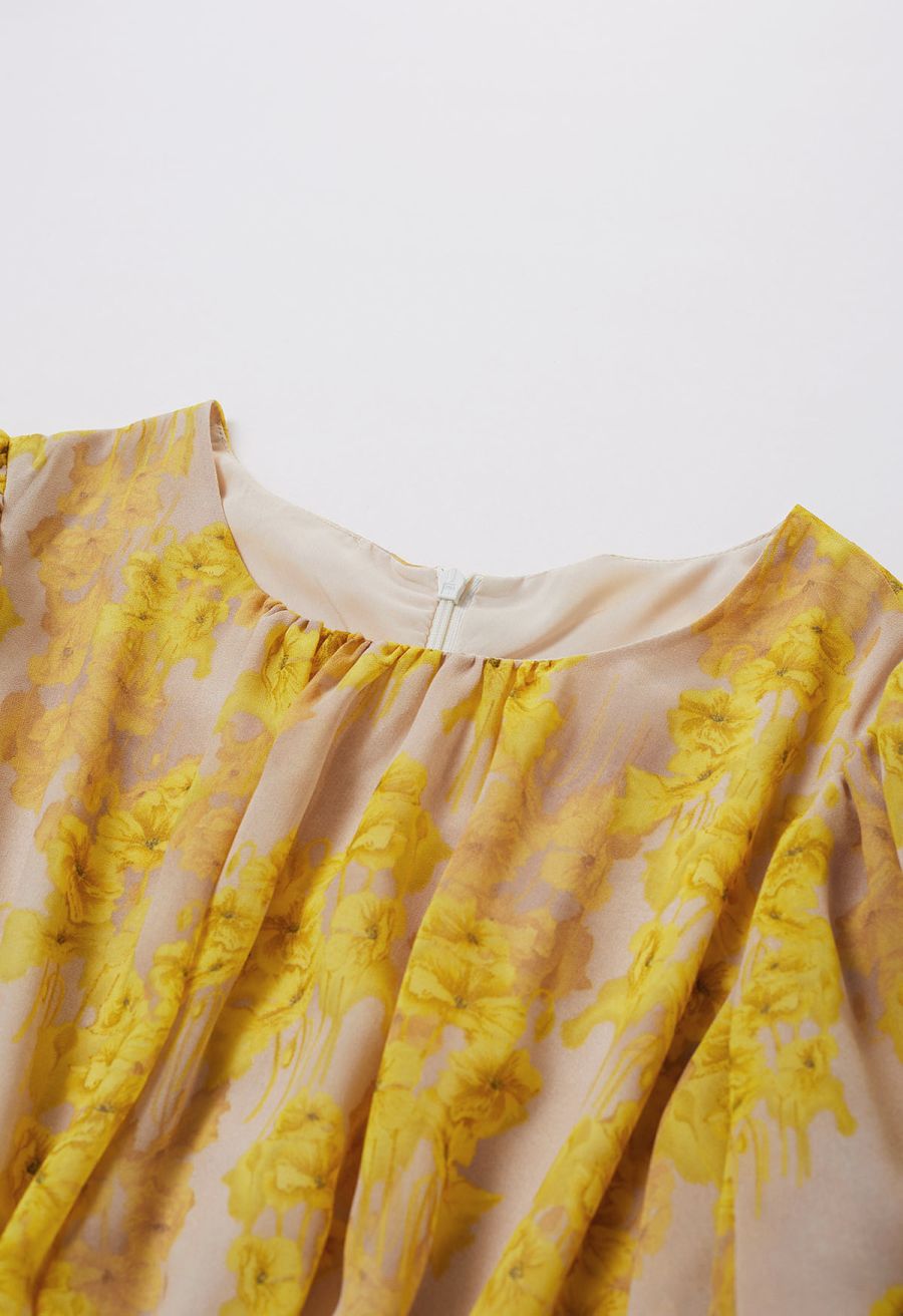 Yellow Blossom Drawstring Asymmetric Ruffle Midi Dress
