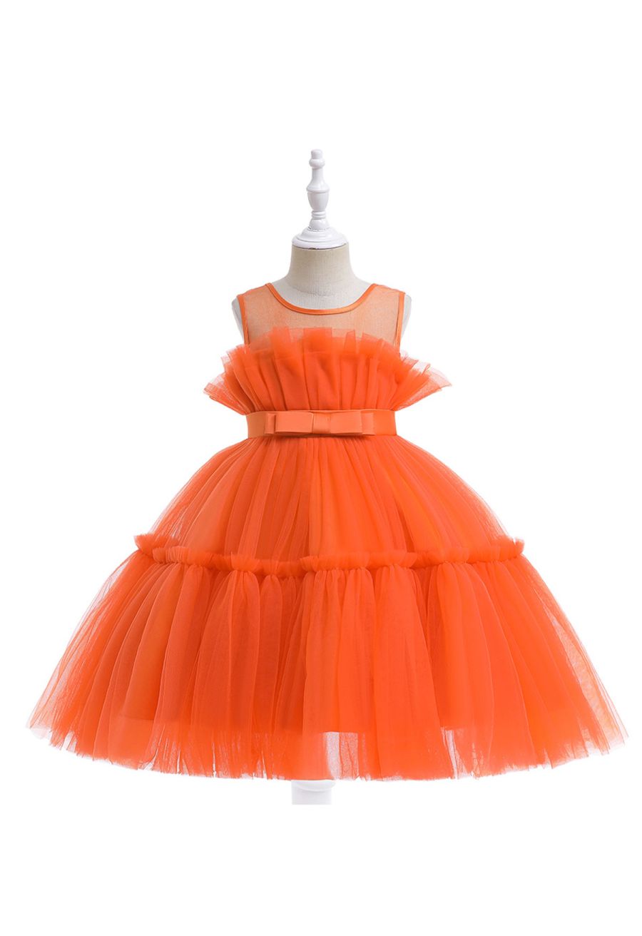 Bowknot Waist Tulle Dress in Orange for Kids