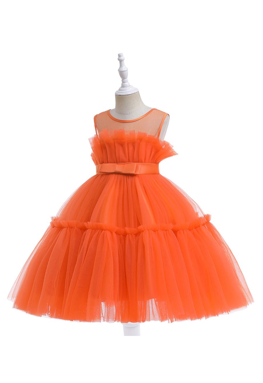 Bowknot Waist Tulle Dress in Orange for Kids