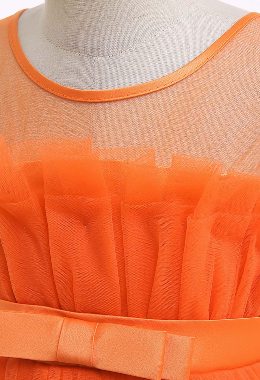 Bowknot Waist Tulle Dress in Orange for Kids