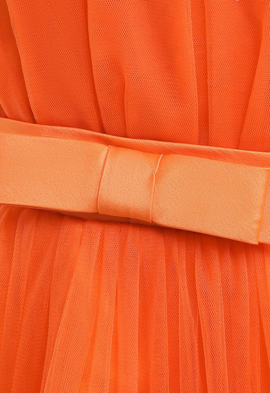 Bowknot Waist Tulle Dress in Orange for Kids