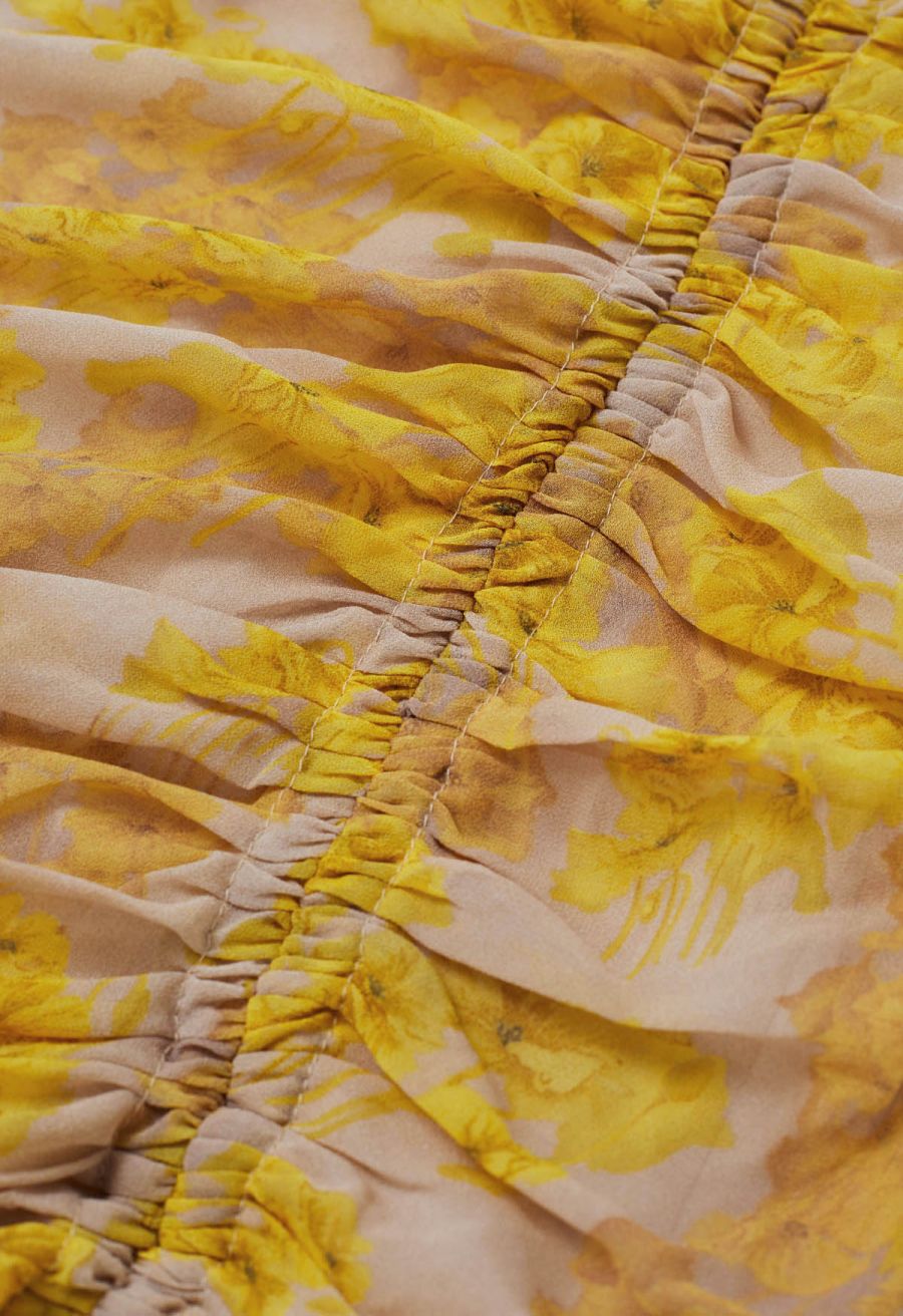 Yellow Blossom Drawstring Asymmetric Ruffle Midi Dress