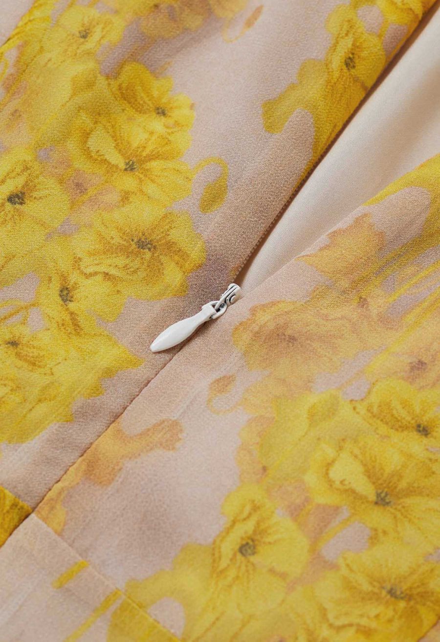 Yellow Blossom Drawstring Asymmetric Ruffle Midi Dress