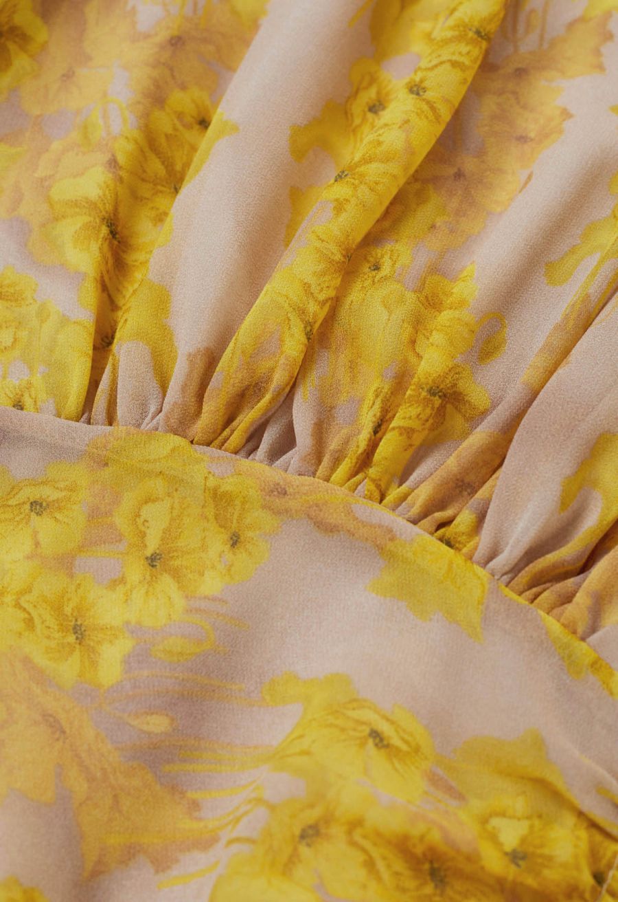Yellow Blossom Drawstring Asymmetric Ruffle Midi Dress
