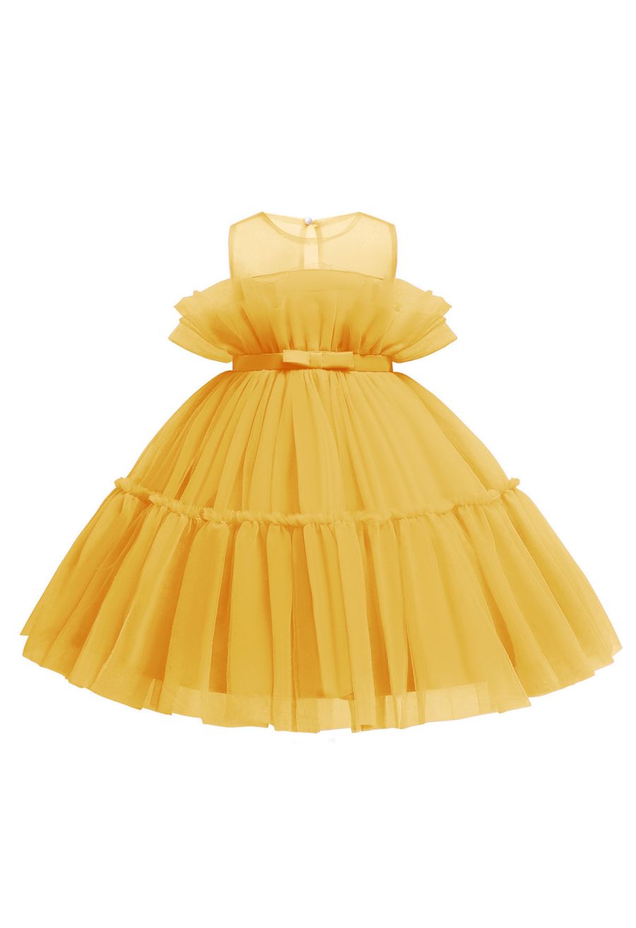 Bowknot Waist Tulle Dress in Yellow for Kids