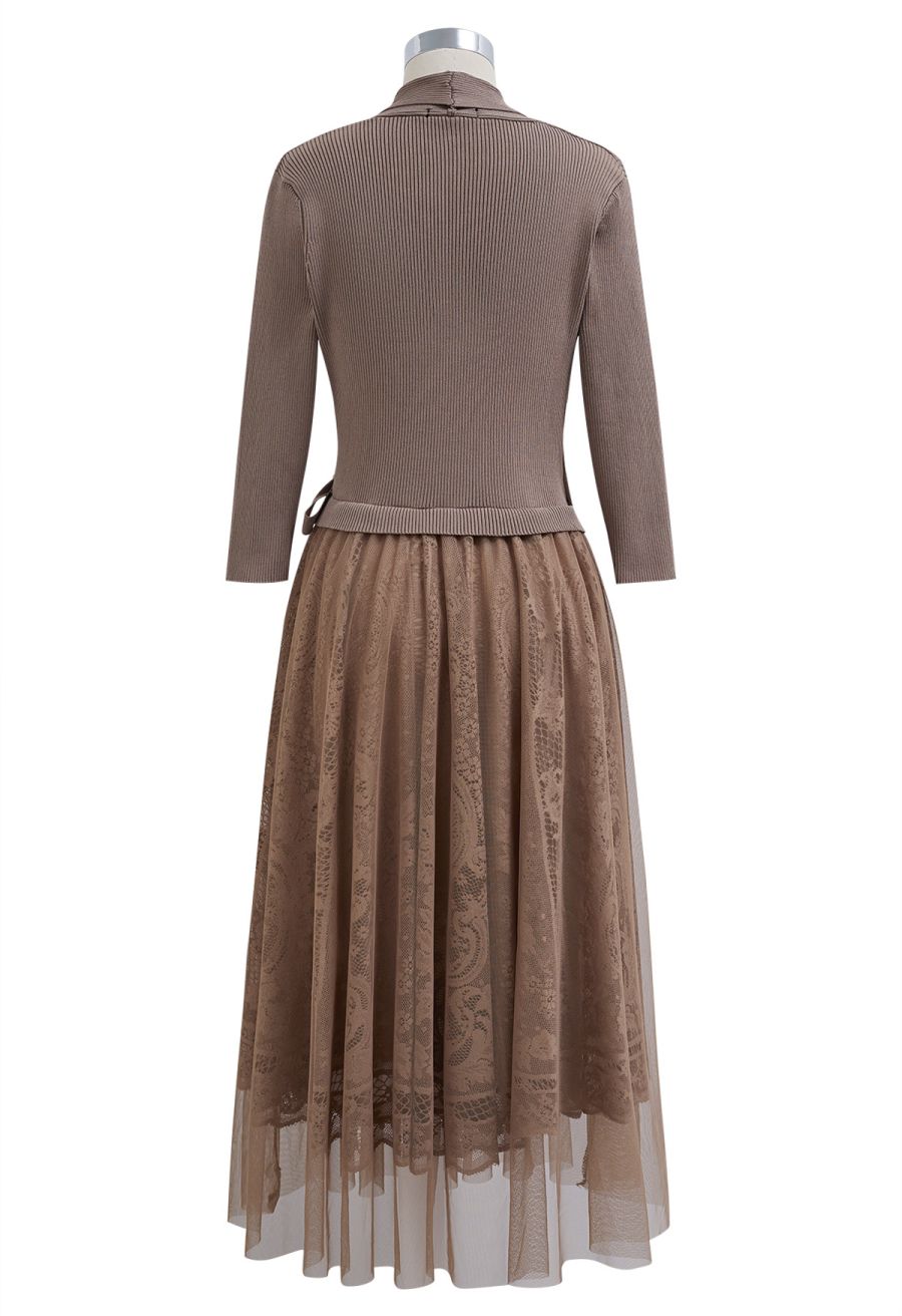 Collared V-Neck Knit Spliced Tulle Dress in Taupe