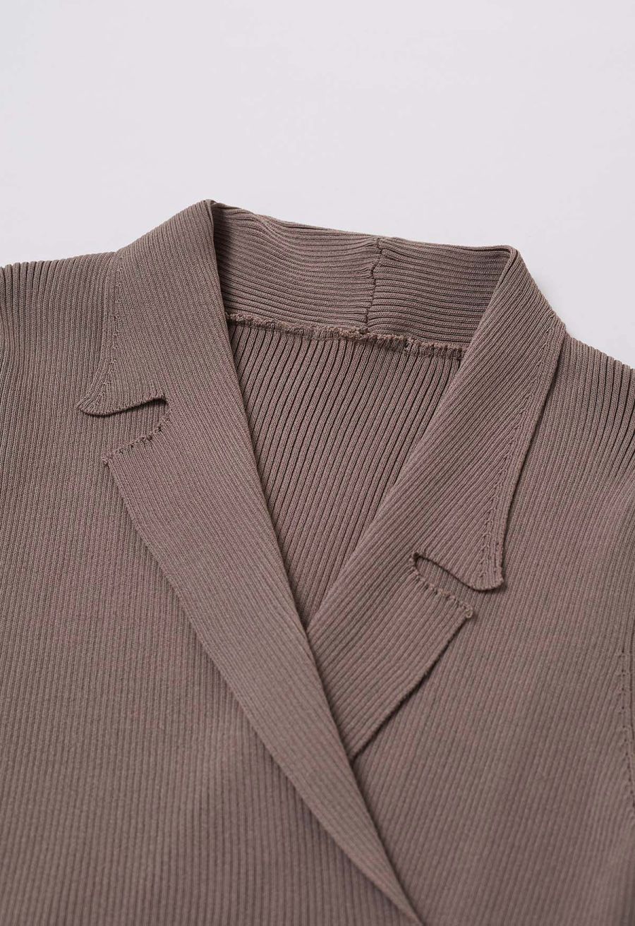 Collared V-Neck Knit Spliced Tulle Dress in Taupe