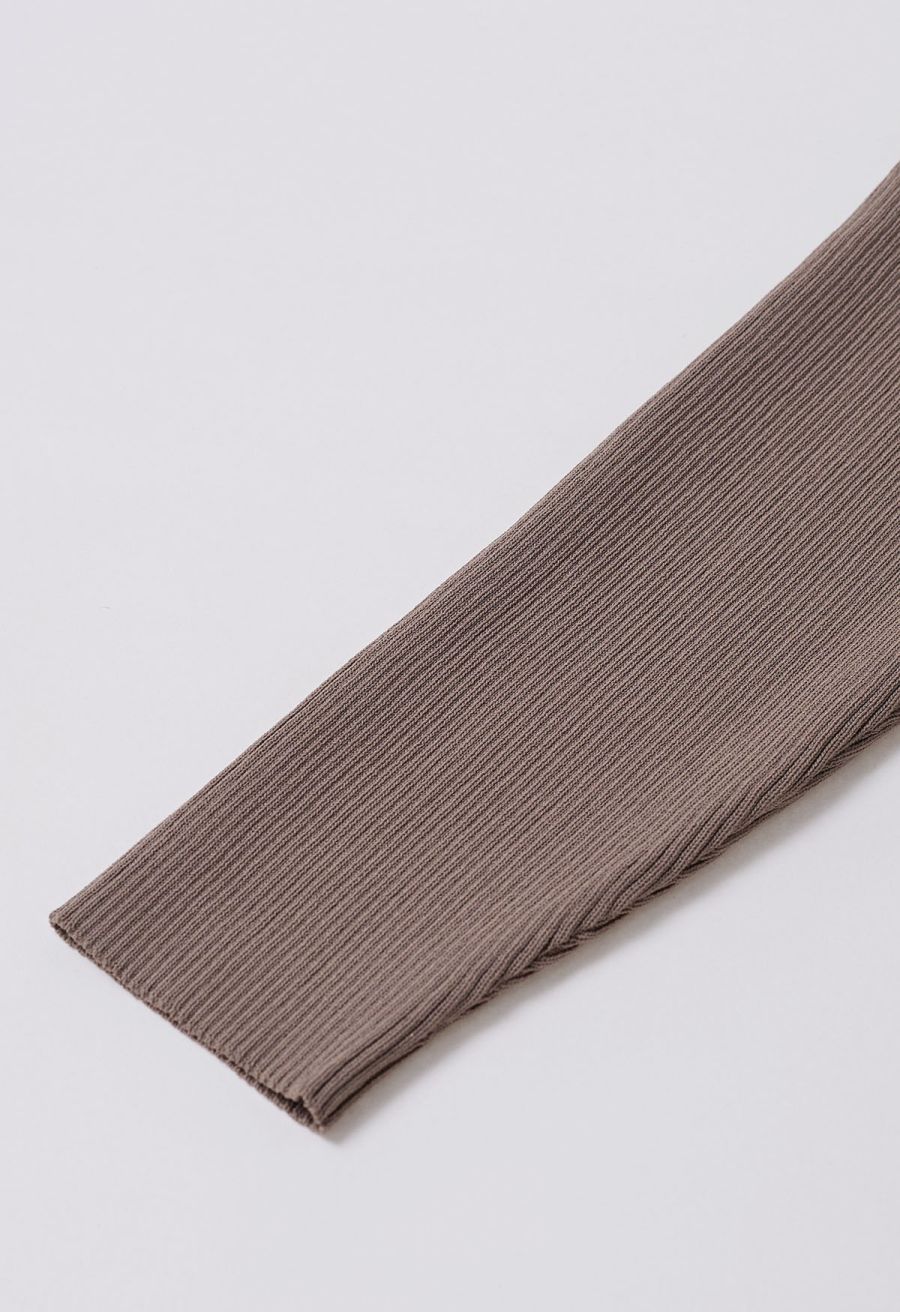 Collared V-Neck Knit Spliced Tulle Dress in Taupe
