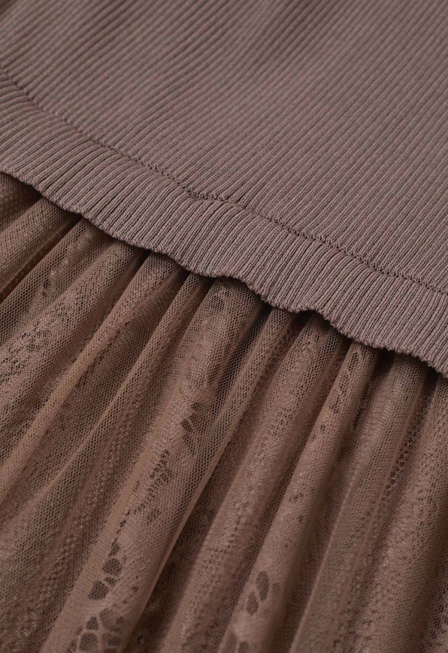 Collared V-Neck Knit Spliced Tulle Dress in Taupe