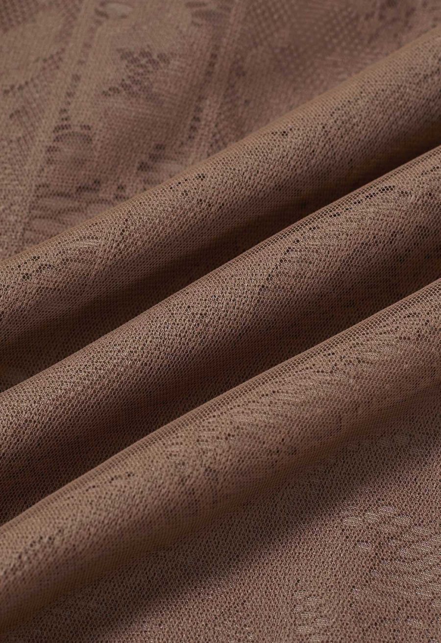 Collared V-Neck Knit Spliced Tulle Dress in Taupe