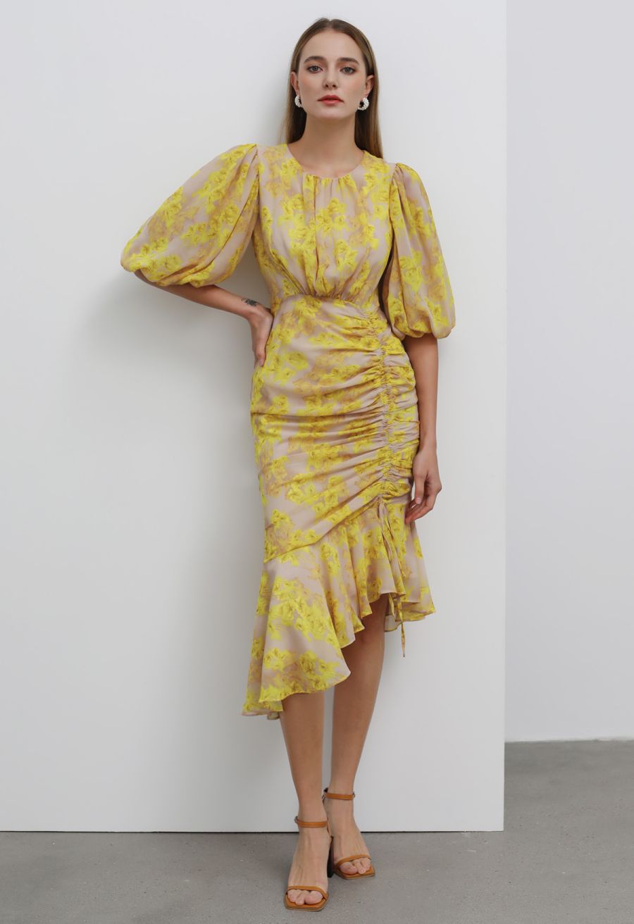 Yellow Blossom Drawstring Asymmetric Ruffle Midi Dress