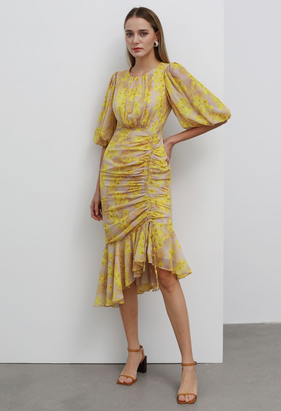 Yellow Blossom Drawstring Asymmetric Ruffle Midi Dress