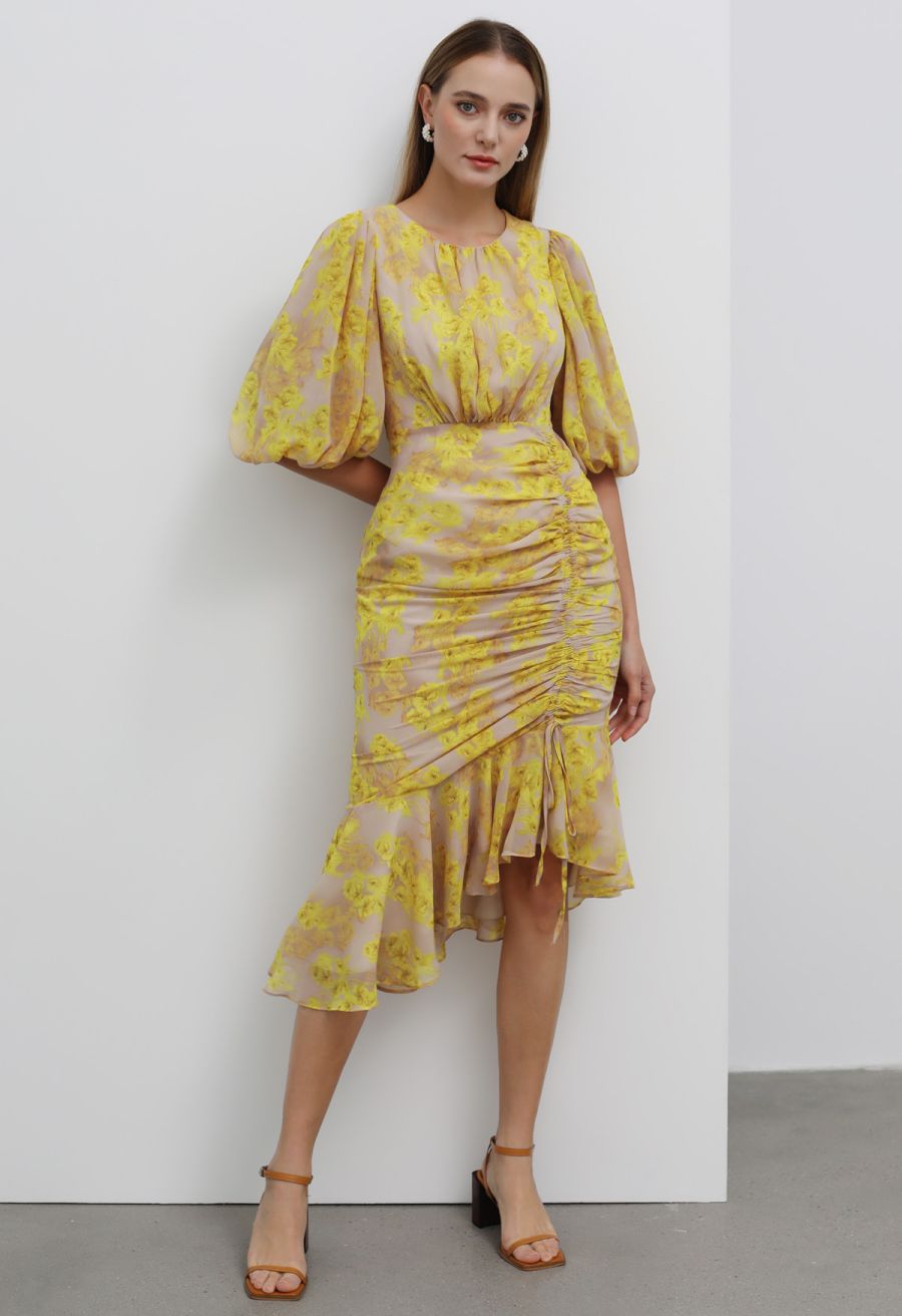 Yellow Blossom Drawstring Asymmetric Ruffle Midi Dress