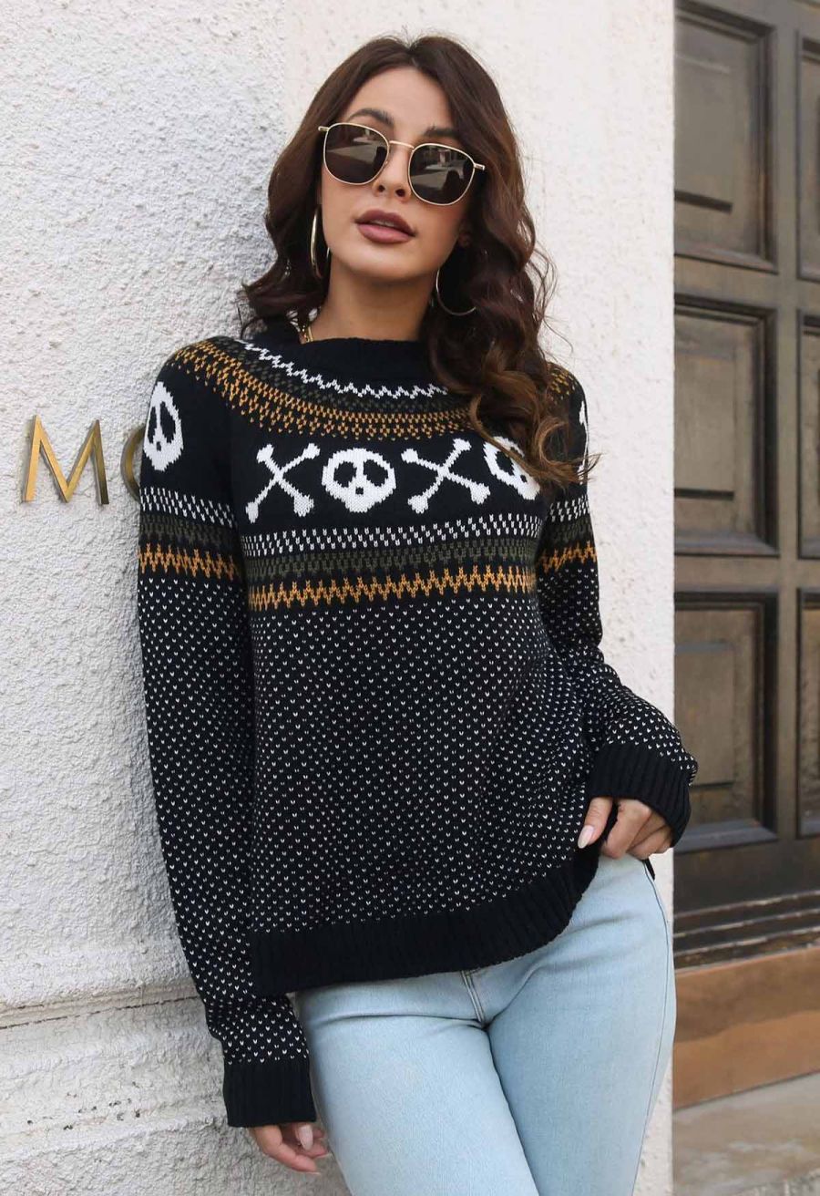 Halloween Skull Long Sleeves Knit Sweater