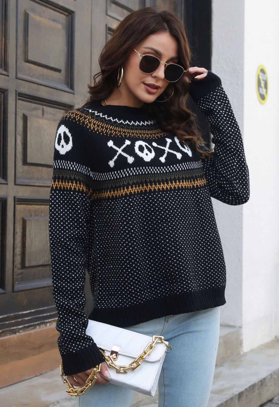 Halloween Skull Long Sleeves Knit Sweater