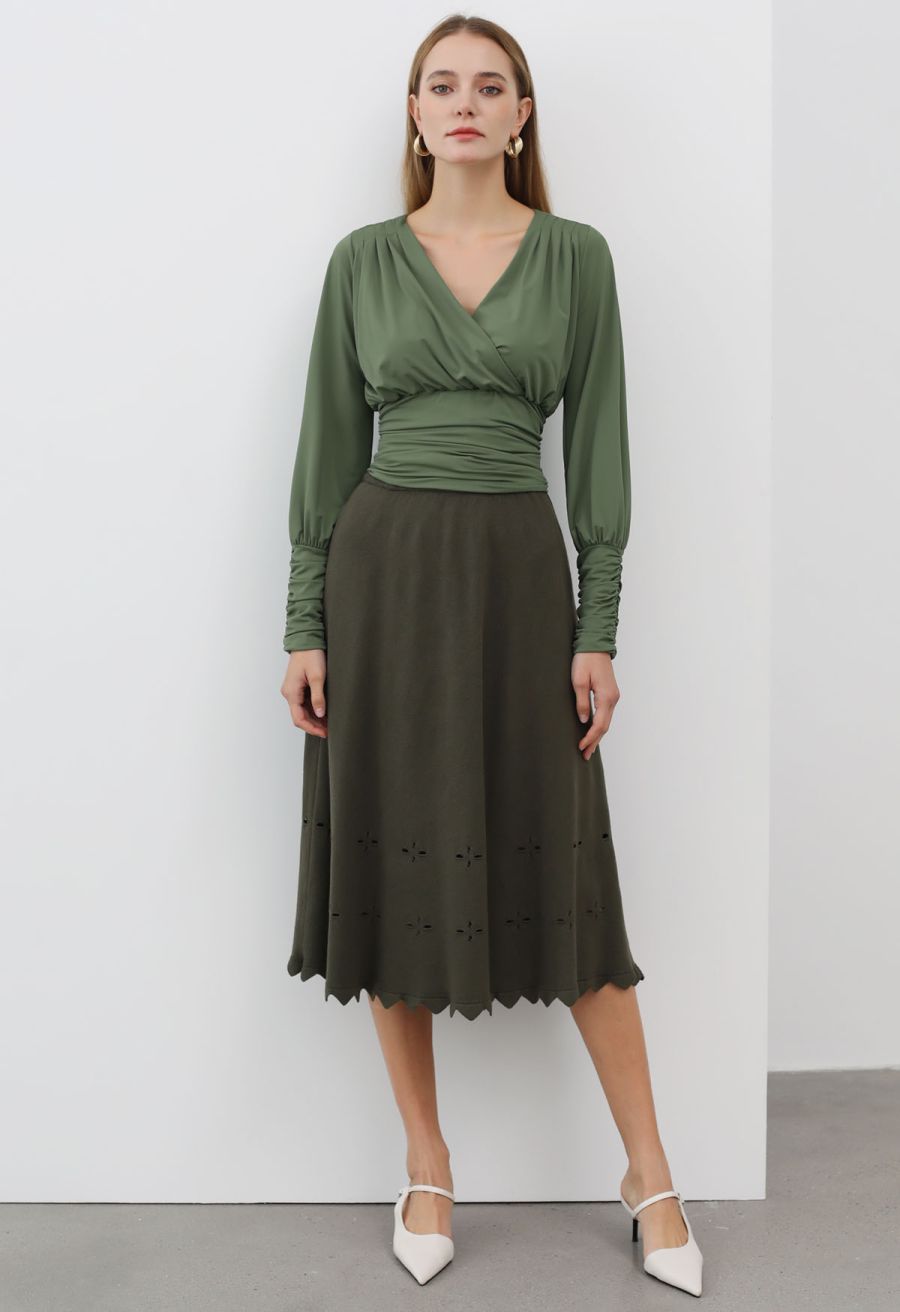 Zigzag Hemline Hollow Out Knit Midi Skirt in Army Green
