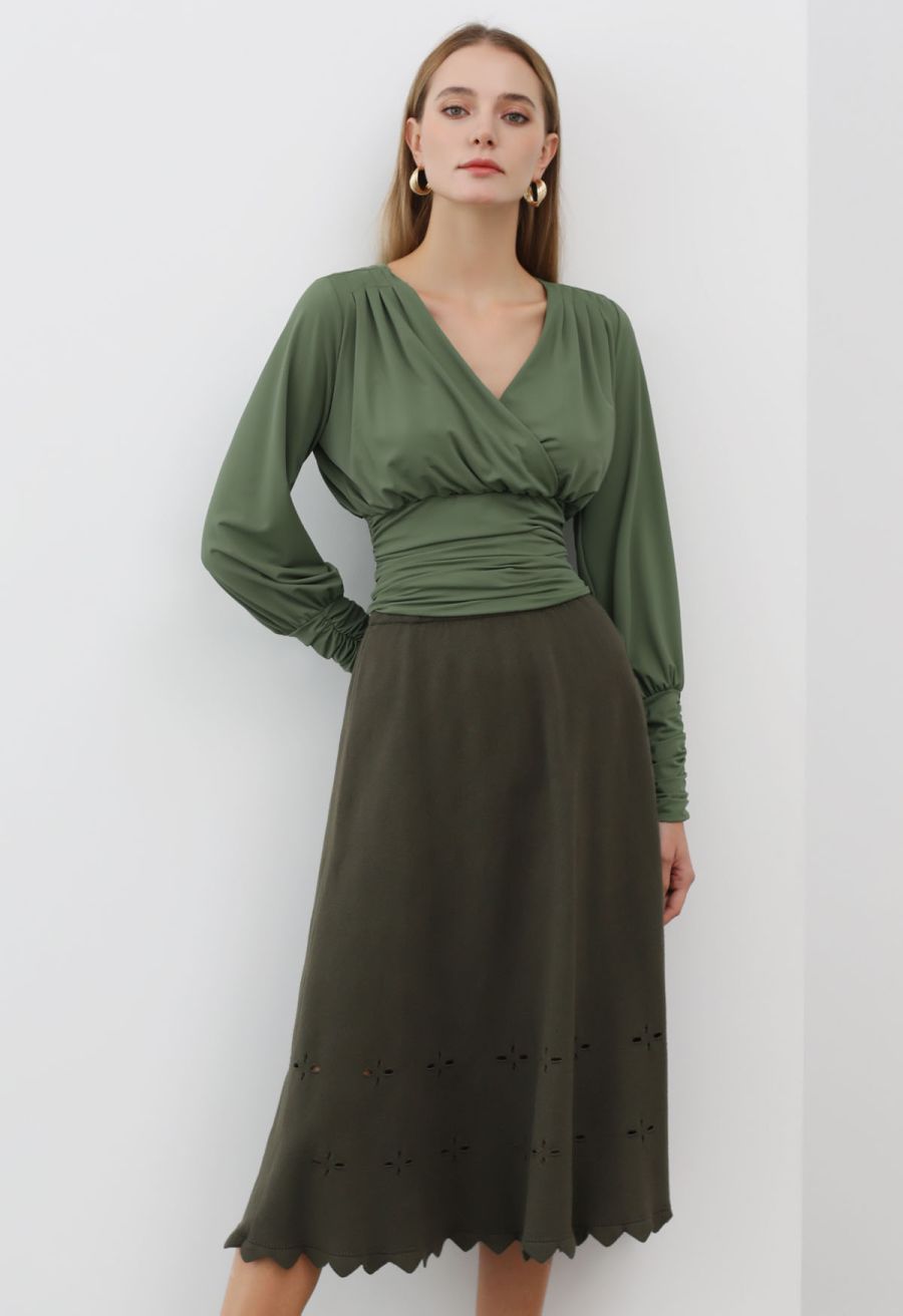 Zigzag Hemline Hollow Out Knit Midi Skirt in Army Green
