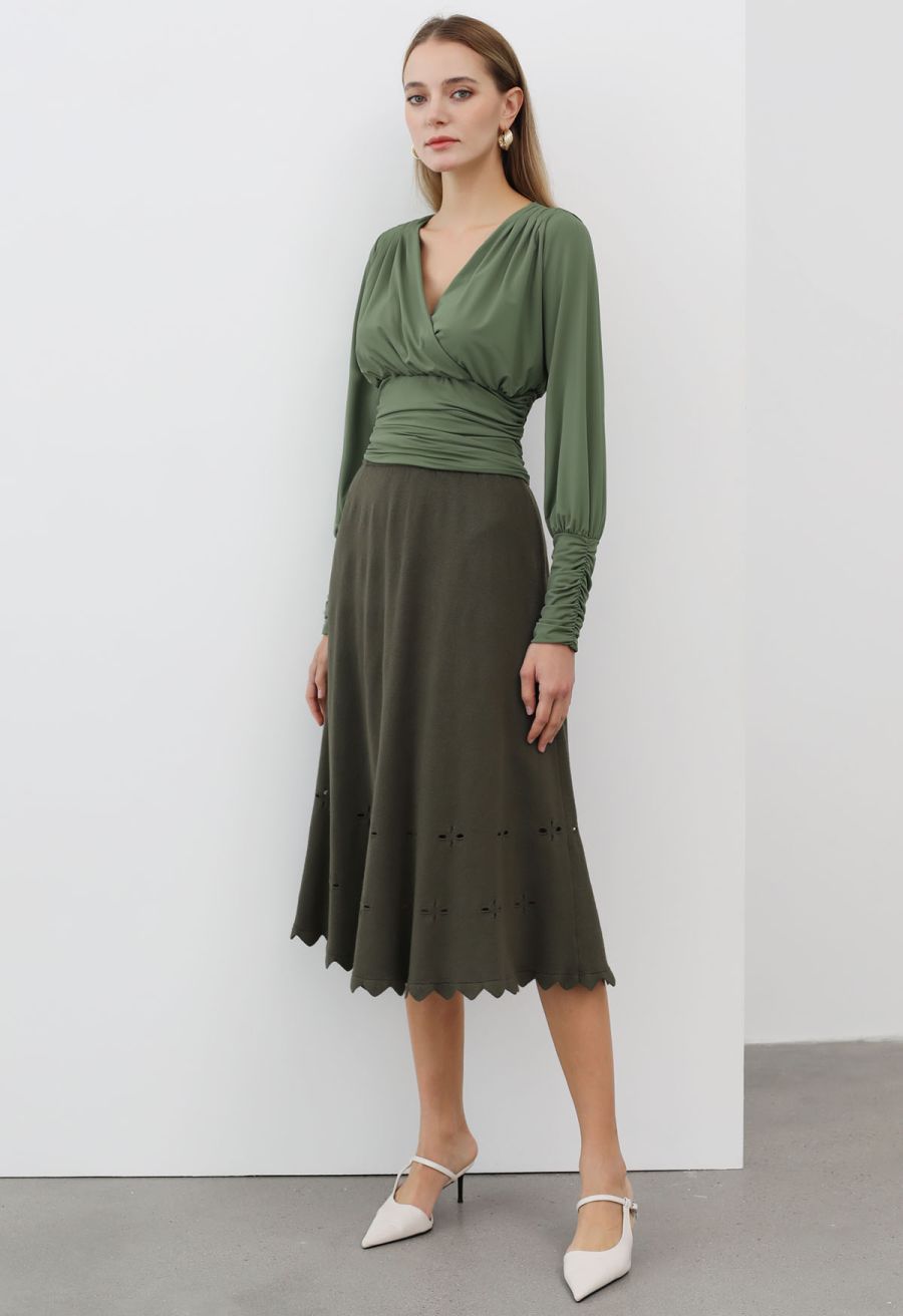 Zigzag Hemline Hollow Out Knit Midi Skirt in Army Green