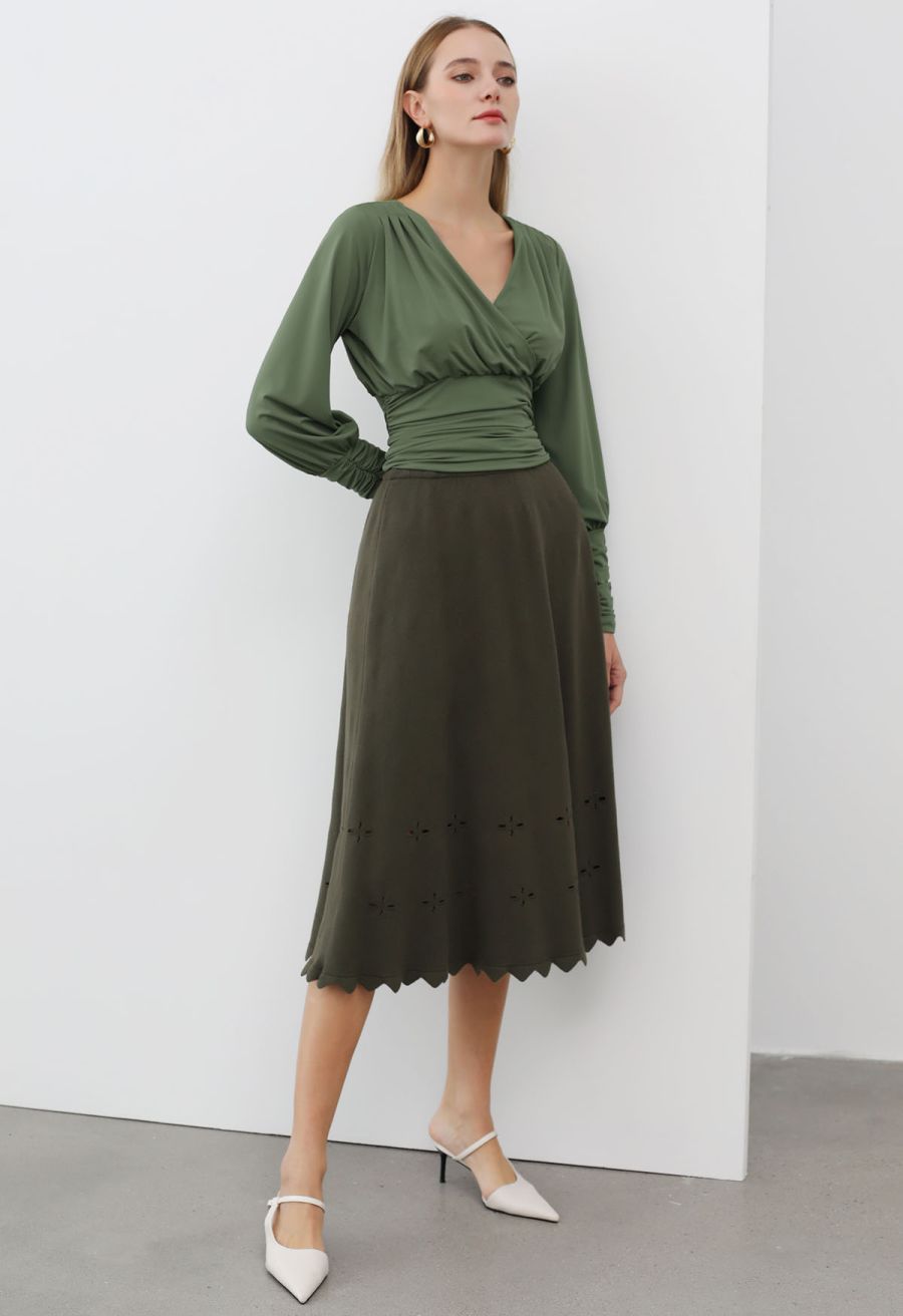 Zigzag Hemline Hollow Out Knit Midi Skirt in Army Green