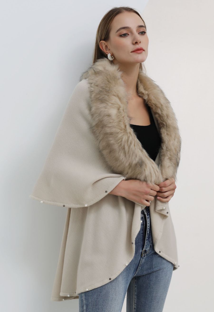 Faux Fur Beads Trim Poncho in Sand