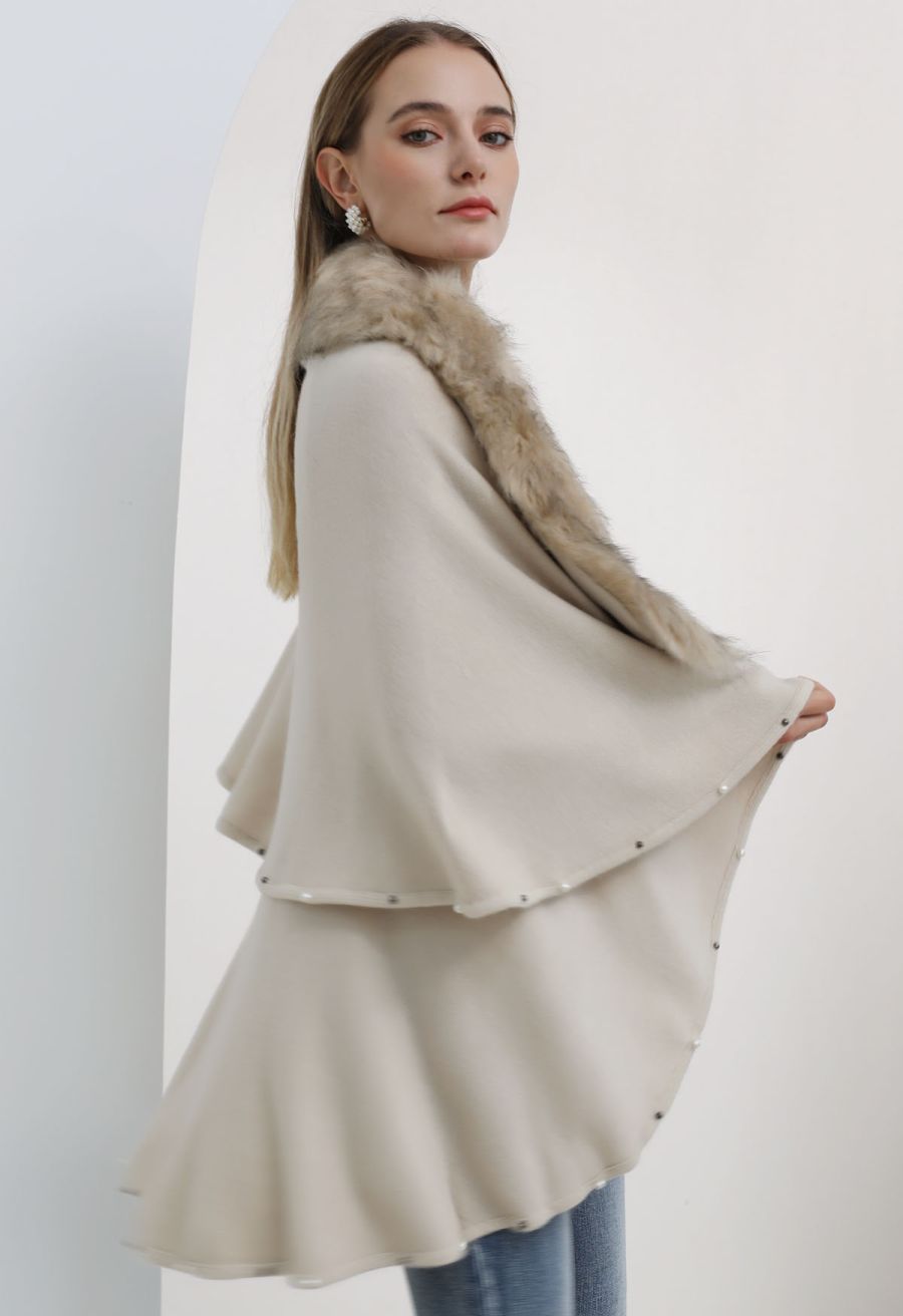 Faux Fur Beads Trim Poncho in Sand
