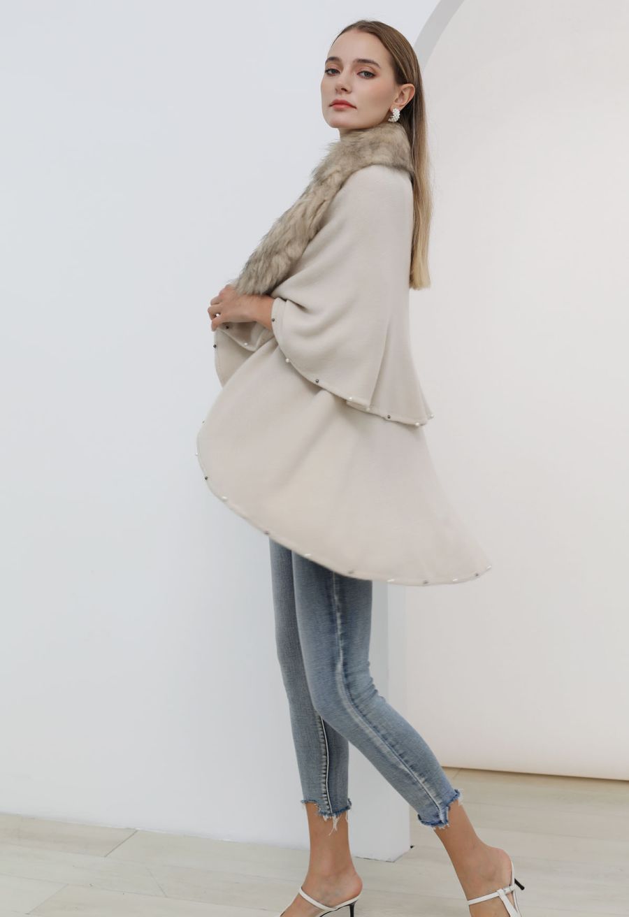 Faux Fur Beads Trim Poncho in Sand
