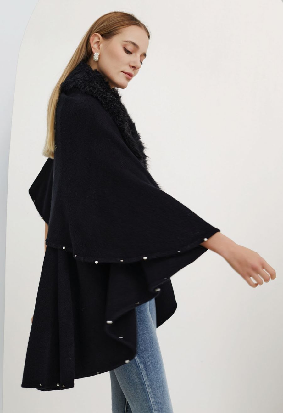 Faux Fur Beads Trim Poncho in Black
