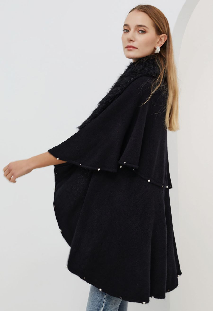 Faux Fur Beads Trim Poncho in Black