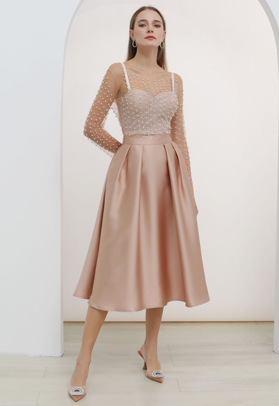 Sleek Side Pockets Pleated A-Line Midi Skirt in Coral