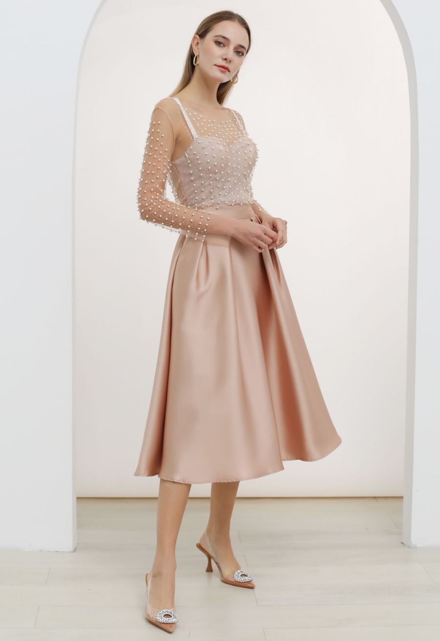 Sleek Side Pockets Pleated A-Line Midi Skirt in Coral