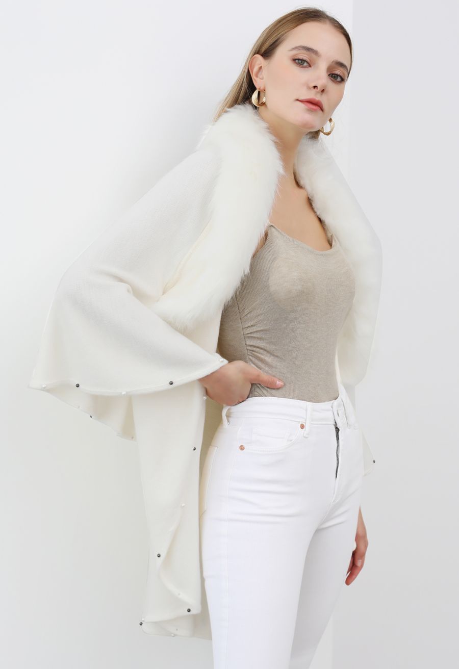 Faux Fur Beads Trim Poncho in Ivory