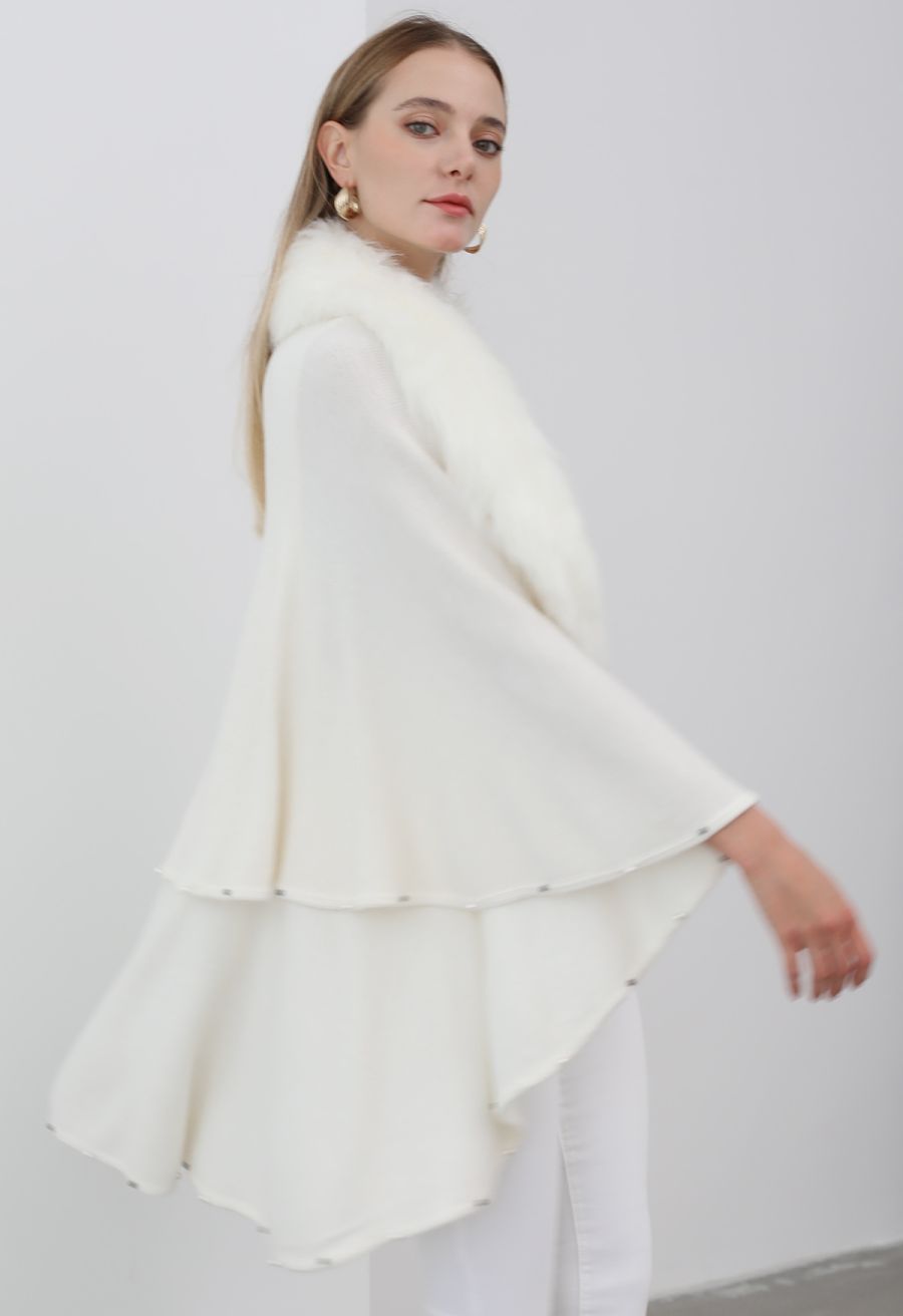 Faux Fur Beads Trim Poncho in Ivory