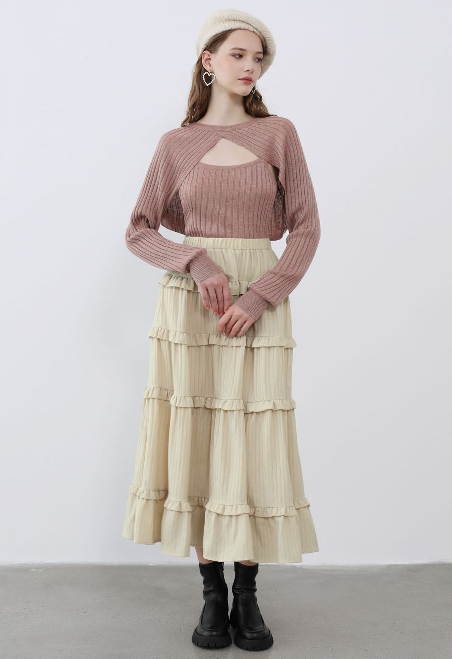 Solid Ribbed Knit Twinset Top in Pink