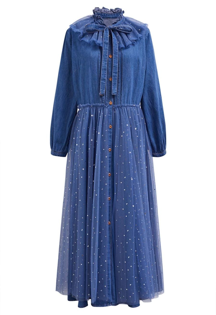 Glitter Night Mesh Tulle Spliced Denim Dress