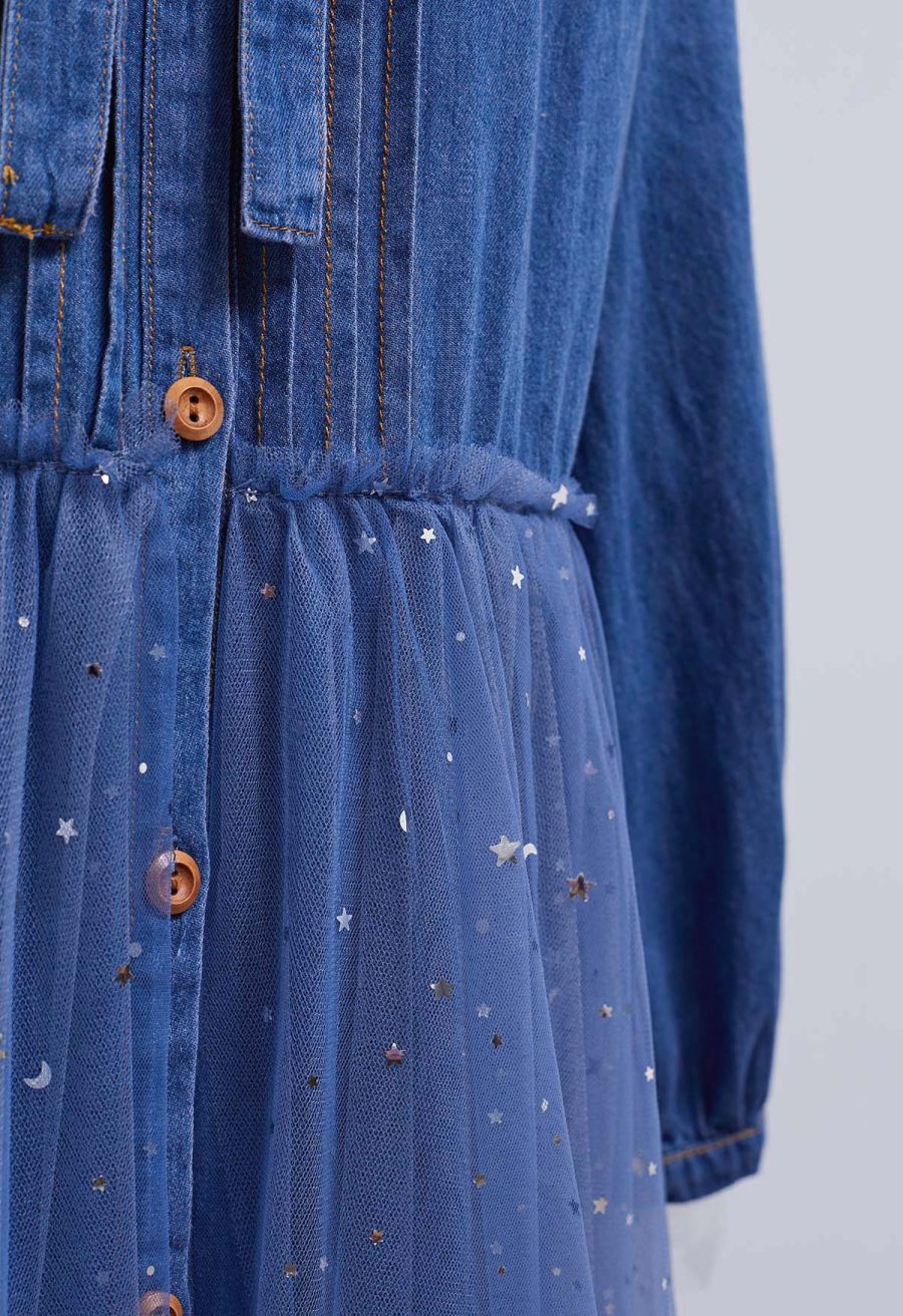 Glitter Night Mesh Tulle Spliced Denim Dress