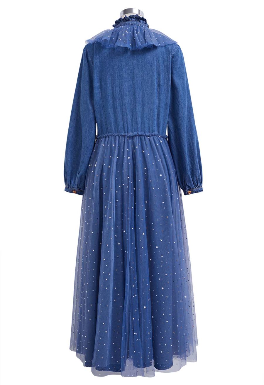 Glitter Night Mesh Tulle Spliced Denim Dress