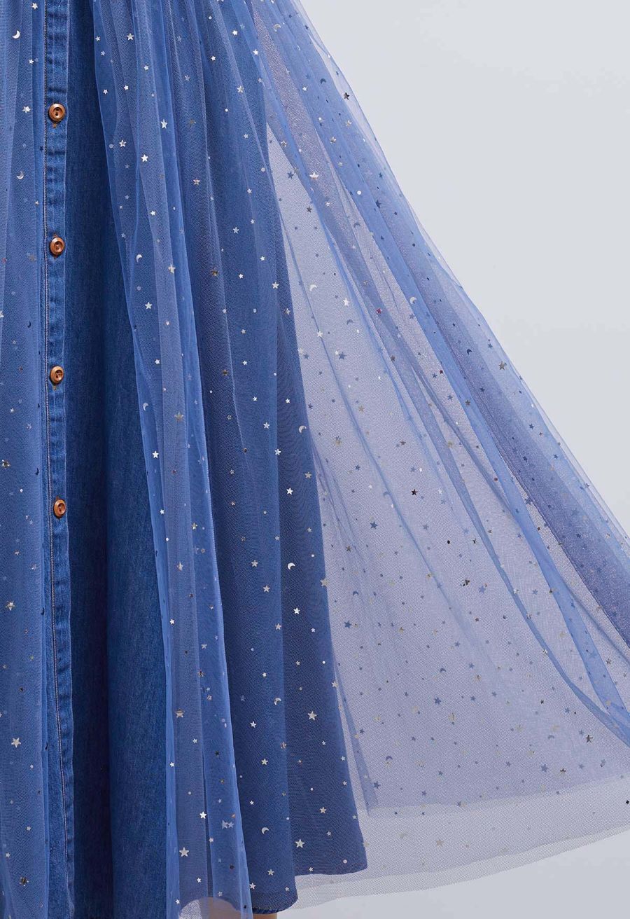 Glitter Night Mesh Tulle Spliced Denim Dress