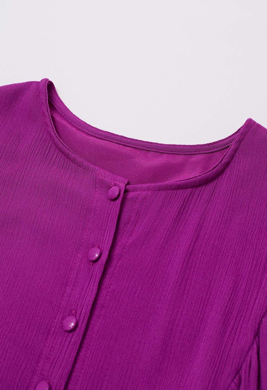 Exaggerated Bubble Sleeve Belted Ruffle Dress in Magenta