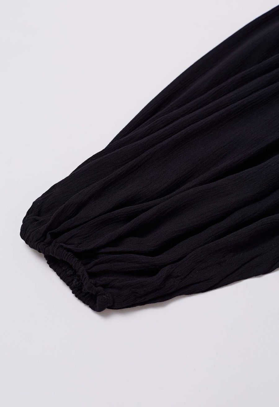 Exaggerated Bubble Sleeve Belted Ruffle Dress in Black