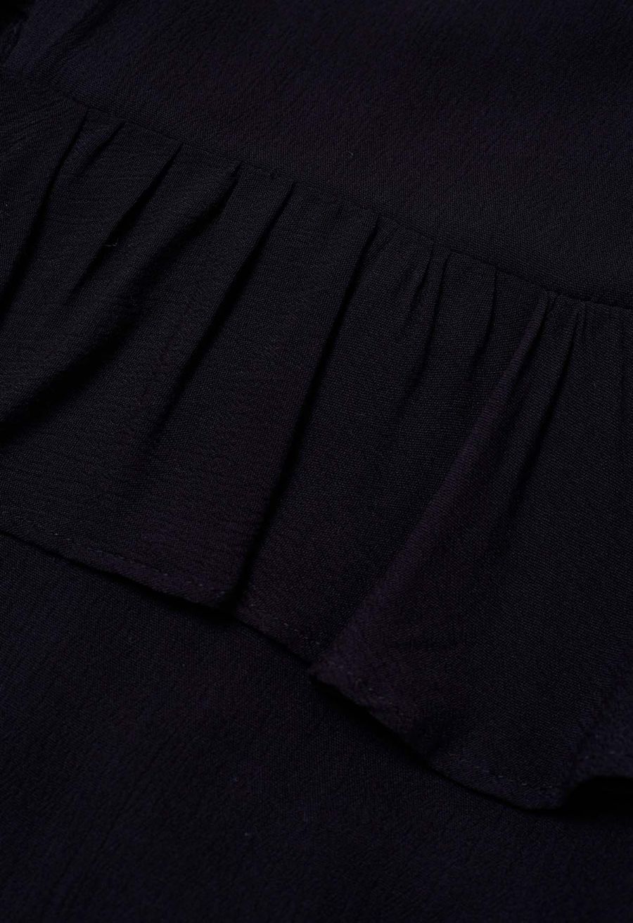 Exaggerated Bubble Sleeve Belted Ruffle Dress in Black
