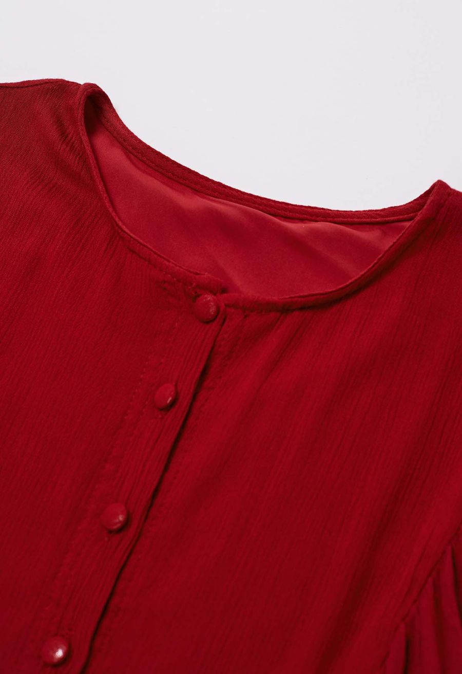 Exaggerated Bubble Sleeve Belted Ruffle Dress in Red