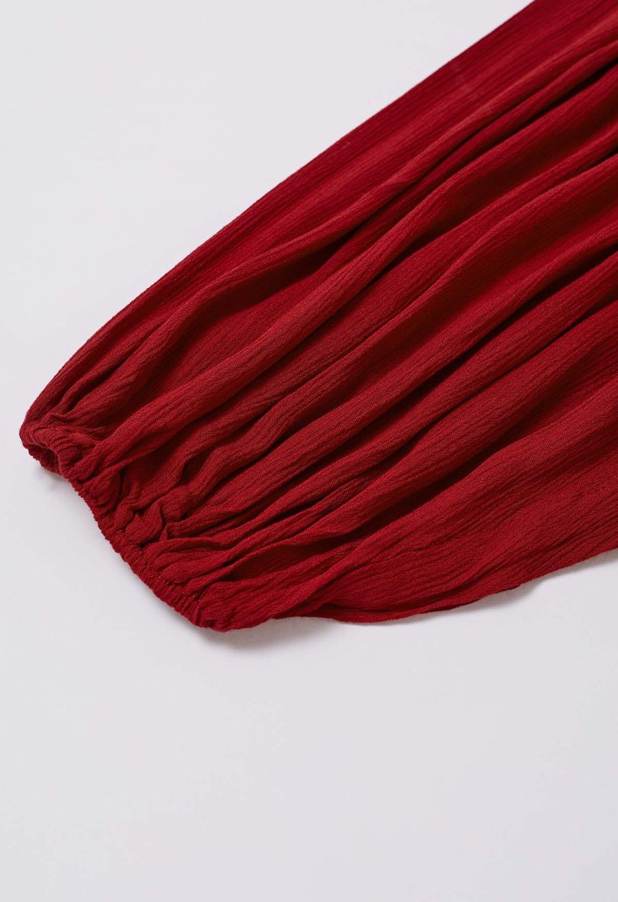 Exaggerated Bubble Sleeve Belted Ruffle Dress in Red